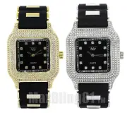 Men's Watch Gold Plated Alloy Cubic Zirconia Analog Silicone Band Techno Pave
