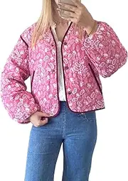[Rousytn] Women's Floral Print Vintage Lightweight Jacket Button Down Quilted Padded Coat Y2k Puffer Cardigan Fall Winter Outerwear