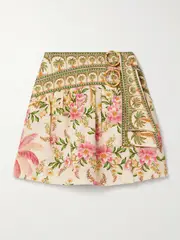 [Farm Rio] Farm Rio - Belted Wrap-effect Pleated Floral-print Linen Mini Skirt - Multi - small small Multi