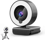 KFF 2k Webcam w/ Mic Ring Light-HD Web Cam w/ Privacy Cover & Tripod - BLACK