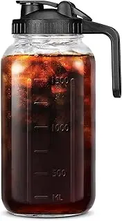 NYKS Store 1.8ml/64oz Mason Jar Pitcher with Pour Spout Handle Lid, Wide Mouth Thick Glass Mason Jars with Lids for Cold Brew & Breast Milk Tea Juice Iced Coffee Storage Pitcher, Leak-Proof Glass Jug