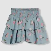 $84 Flowers by Zoe Kids Girl's Blue Linen Floral Smocked A-Line Skirt Size XL