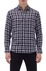 Bugatchi Julian Plaid Linen Button-Up Shirt in Black at Nordstrom, Size Small