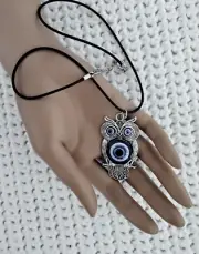 NEW Stunning Owl Pendant Necklace Silver Tone Leather Cord Evil Eyes Beautiful*