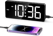 OQIMAX Digital Alarm Clock, Large LED Display Bedside Clock with 5 Levels Brightness Adjustment, USB/Battery Powered Digital Clock with Date, 3 Levels of Volume, 4 Alarm Modes, DST Function (Black)