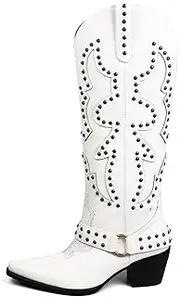 [VBDB] Women's Cowboy Boots Cowgirl Knee High Boots Wide Calf Western Boots Pointed Toe Studded Fashion Thigh High Boots