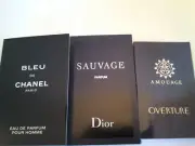 BULK LOT OF 3 X PERFUME SAMPLES VIALS CARDS MEN'S FRAGRANCE CHANEL, DIOR,AMOUAGE
