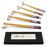 Lucky Cat Chopsticks Set - 5 Pairs Natural Bamboo Reusable Chopsticks with 5 Cats Chopstick Rest, Dishwasher Safe, Gift Set