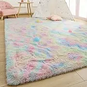 Fluffy Rainbow Area Rugs for Girls Bedroom 4x5.9 Feet, Shag Colorful Large Rug for Living Room, Soft Fuzzy Carpets for Princess Room, Cute Kids Playmats for Baby Nursery Home Decor