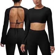 [KEOYA] Women's Open Back Yoga Crop Top Solid Long Bell Sleeve Workout T-Shirts Padded Slim Stretchy Athletic Tees