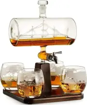 Whiskey Decanter Globe Set; Father's Day 04 Etched Glasses Liquor Scotch Bourbon