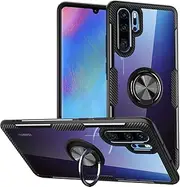 [WATACHE] Huawei P30 Pro Case, Clear Crystal Carbon Design Armour Protective Case with 360 Degree Rotating Finger Ring Grip Hold Stand [Magnetic Car Mount Feature] for Huawei P30 Pro, Black Frame