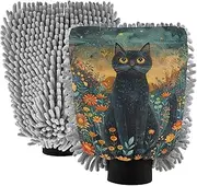 XYMZR Black Cat Field Flower Absorbent Microfiber Car Wash Mitt, Funny Cute Anime Scratch Free for Cars Cleaning, Home Cleaning Mitts, 2 Pack, 10.24” L x 7.09” W