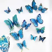 24pcs 3D Colorful Butterfly Wall Stickers DIY Art Decor Crafts for Party Nursery Classroom Offices Kids Girl Boy Baby Bedroom Bathroom Living Room Magnets and Glue Sticker Set (Blue-Double Wing)