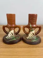 Roseville Art Pottery Tan Freesia Pair Of Candle Holders 1161-4 1/2 USA c. 1945