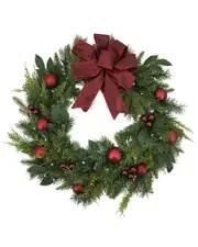 Gerson International 32in Holiday Cedar Wreath With Red Bow And Christmas Ornaments