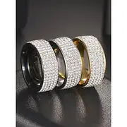 Men's Wide Band Rings with Full Rhinestone Pave, Stainless Steel in Gold, Silver, and Black Finishes, Luxury Jewelry for Parties, Weddings, and Formal Occasion