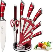 Kitchen Knife Set, 9-Piece Pink Kitchen Knife Set with Acrylic Block, Non Stick Sharp High Carbon Stainless Steel Knife Set for Kitchen Cutting Meat Slicing Chopping Kitchen Gifts for Women (Red)