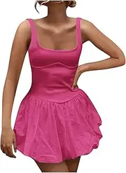 [Generic] Women's Tennis Dress Tank Sleeveless Square Neck Solid Color Puffy Beach Short Dresses Mini Exercise Dress Summer Sun Dress