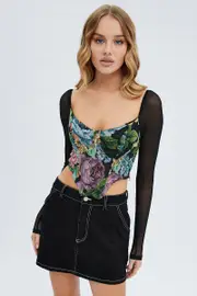 Black Floral Corset Top Long Sleeve Sweetheart Neckline Shirred - Size 16, Women's Top