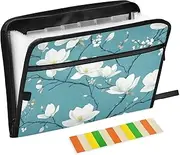 Quteprint 13 Pockets Expanding File Folder with Zipper Closure, White Magnolia Tree Flowers Accordion File Folder with Sticky Labels, Letter Size A4 Papers Expandable File Document Organizer