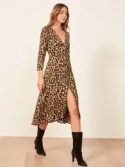 REFORMATION Leopard Animal Print ALMA Front Button Crepe V-Neck Dress 2 = XS