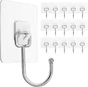 Large Adhesive Hooks 22Ib(Max),Waterproof and Rustproof Wall Hooks for Hanging Heavy Duty,Stainless Steel Towel and Coats Hooks to use Inside Kitchen,Bathroom,Home and Office,16Pack (16)