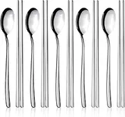 IQCWOOD Spoon and Chopsticks Set, 5 Pair Stainless Steel Metal Chopsticks Spoon Set, 5 Set Korean Chopsticks and Spoons, Reusable Flat Long Handle Chopstick Spoon Set for Home, Kitchen or Restaurant