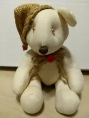 Fabric Jointed Old Fashioned Teddy Bear 10" Stuffed Red Buttons Scarf Burlap Hat
