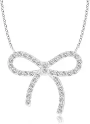 [Angara] Natural Diamond Bow Knot Pendant Necklace in Sterling Silver/14ct Solid Gold for Women | April Birthstone Jewellery for Her