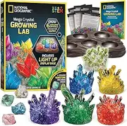 NATIONAL GEOGRAPHIC Mega Crystal Growing Lab – Grow 6 Vibrant Crystals, Crystals Grow Fast in 3-4 Days, includes Light-Up Display Stand, Full-Colour Learning Guide, and 4 Genuine Crystal Specimens