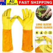 Pair Long Tube Gardening Gloves Leather Breathable Gauntlet Pruning Garden Glove