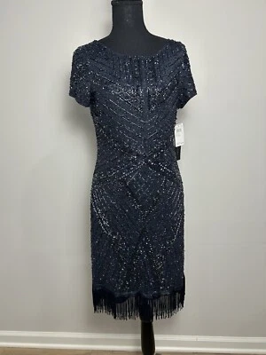 $395 NWT Aidan Mattox Beaded Fringe Trim Cocktail Dress in Navy Women’s Size 12