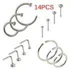 14PCS/Set Stainless Steel Hinged Segment Nose Ring Bone Studs Hoop Body Pierc HF