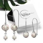 Boxed Solid 925 Signature Silver Pearl Dynasty Hook & Ancestry Pearl Earrings.