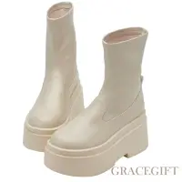 在飛比找Yahoo奇摩購物中心優惠-【Grace Gift】逆天長腿襪套厚底短靴 米白