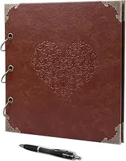 Photo Album DIY Scrapbook (10x10 inch 50 Pages Double Sided), Vintage Leather Cover Three-Ring Binder Family Picture Booth for Memory Keep, Brown Heart…