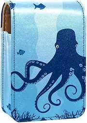 Lipstick Case,Leather Lip Gloss Lipstick Organizer with Mirror,Mini Lipstick Holder Bag,Devilfish and Shark Octopus