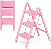GameGem Pink Step Ladder 3 Step Folding, Small Step Stool for Women to Reach Higher Places, Widen 7.9Inch Pedal for Comfortable Use, Anti-Slip Foot for Safe Use, Sturdy and Fold Thin, 330Lbs Load