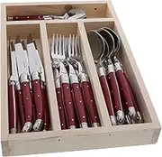 Jean Dubost Laguiole 24-Piece Everyday Flatware Set, Red Handles - Rust-Resistant Stainless Steel - Includes Wooden Tray - Made in France