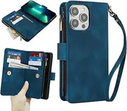 GoshukunTech for iPhone 13 Pro Max Wallet Case with 9 Card Holders,for iPhone 13 Pro Max Case Zipper Coin Pocket PU Leather Flip Cover Kickstand Protective Phone Purse with Wrist Strap-Blue