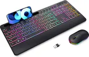 Wireless Keyboard and Mouse Backlit, 2.4GHz Lag-Free Rechargeable Keyboard Full-Size with Phone Holder Tablet Holder, Silent Ergonomic Wireless Keyboard Mouse Combo for Computer, PC, Laptop