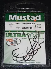 5 Pack Mustad 39121NPBN-30 Ultra Point Offset Soft Plastics Size 3/0 Bass Hooks