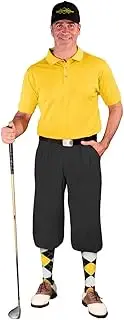 [Golf Knickers] Mens Outfit - Black Microfiber, Limited Edition Ball Cap, Over-The-Calf Argyle Socks, Yellow Golf Shirt