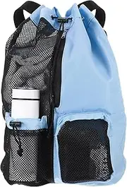 uxcell Swim Bag Mesh Drawstring Backpack, with Wet Pocket Swimming Pool Sports Backpack Beach Backpack for Swimming Gym and Workout Gear, Blue
