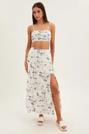 Blue Abstract Maxi Skirt High Waist Split Tiered Printed - Size 14, Women's Maxi Skirt