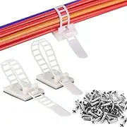 Reusable Adhesive Cable Management, 50 Set (2 Size) Cable Ties Adhesive Mounts, Multi-Purpose Cable Tidy Clips, Adjustable Cable Zip Ties, Cord Holders for Home and Office Desk Organization - White