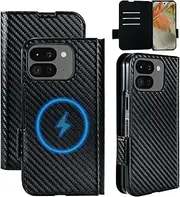 Pefimt for Google Pixel 9 Pro Fold Wallet Case Compatible with MagSafe Strong Magnetic, Hinge Protection Carbon Fiber Texture Leather 3 Card Slots with RFID Blocking for Pixel Fold 2 Case Black