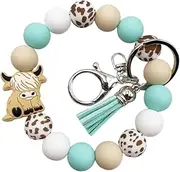 [COLORFUL BLING] Highland Cow Wristlet Keychain Cattle Elk Silicone Beaded Tassel Keyring Holder Wrist Lanyard for Backpack