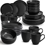 MIAMIO - Dishware Set/Stoneware Dinnerware Set – Including Plates, Bowls and Mugs – Microwave & Dishwasher Safe – Le Papillon Collection (Black, 30 Pieces)